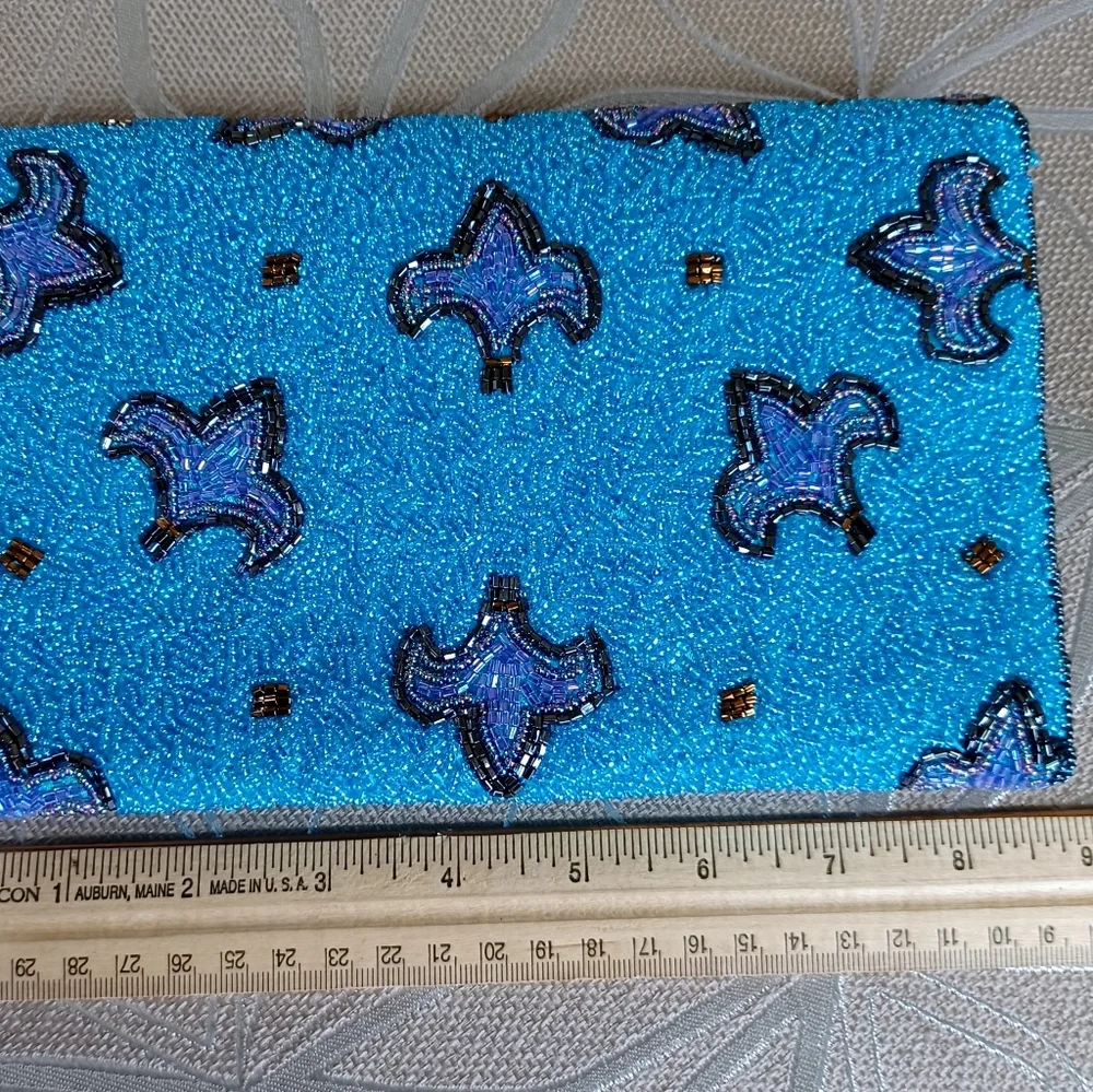 Aqua Fleur-de-lis Glass Beaded Bag